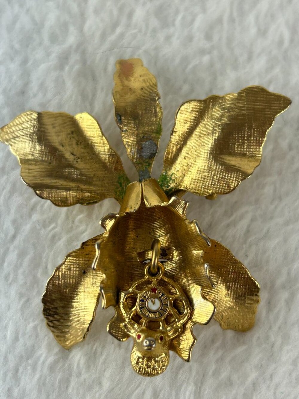 Vintage Fraternal Order Of Elks Dangle Gold Tone Orchid Flower Brooch Pin